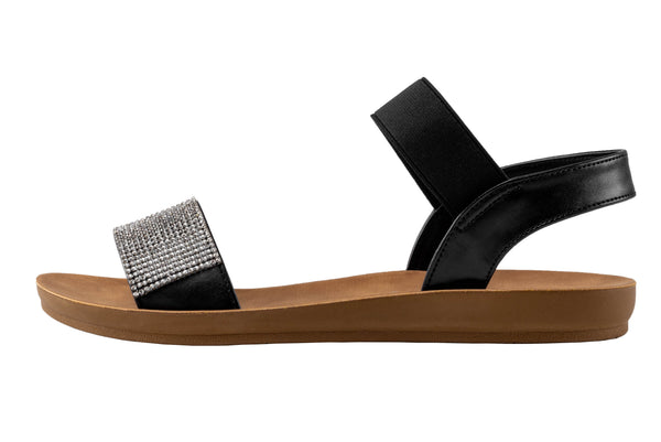 Capelli New York Ladies Faux Leather Sandals With Elastic Upper And Rhinestone Trim