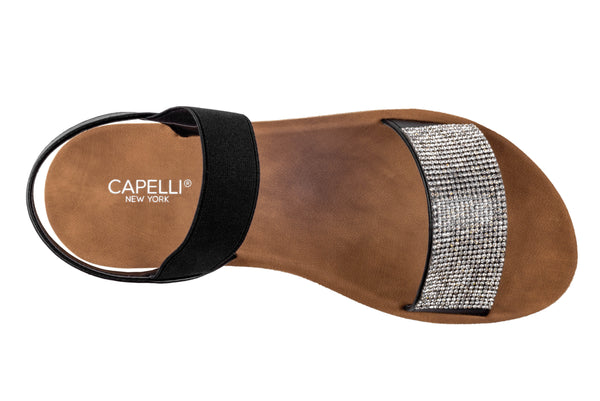 Capelli New York Ladies Faux Leather Sandals With Elastic Upper And Rhinestone Trim