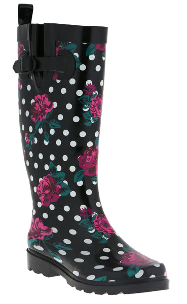 Capelli New York Ladies Floral Dots Tall Rubber Rain Boot