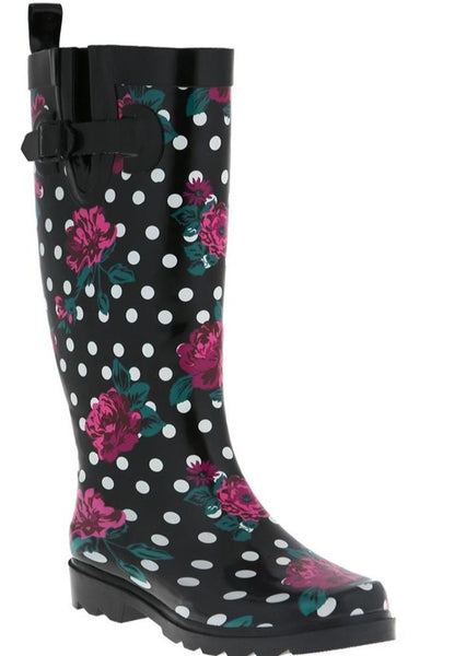 capelli new york Ladies Floral Dots Tall Rubber Rain Boot