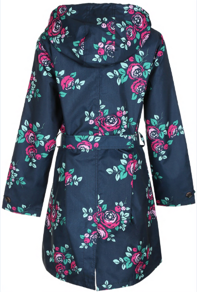 Capelli New York Ladies Floral Printed Mid-Length Basic Rain Coat With Removable Hood