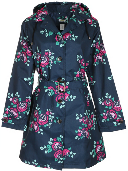 capelli new york Ladies Floral Printed Mid-Length Basic Rain Coat with Removable Hood