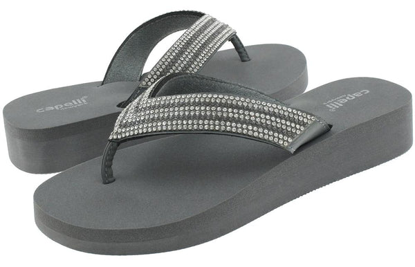 Capelli New York Ladies Grey Gem Trimmed Wedge Flip Flop