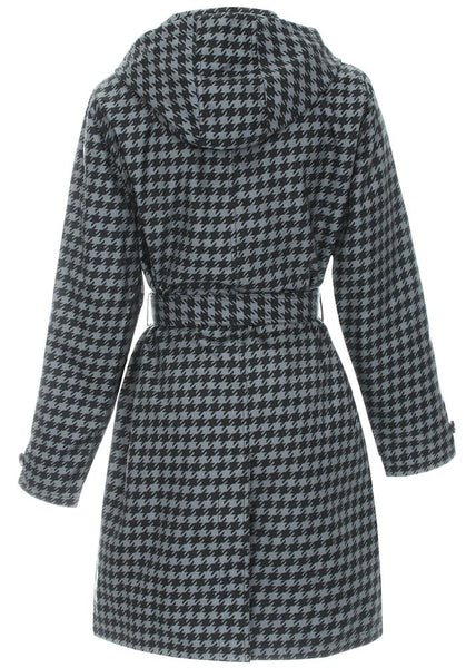 Capelli New York Ladies Houndstooth Printed Mid-Length Basic Rain Coat With Removable Hood