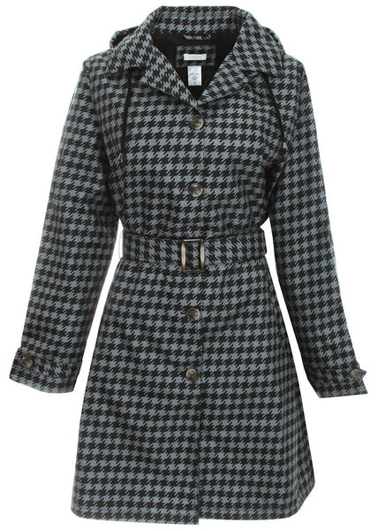 capelli new york Ladies Houndstooth Printed Mid-Length Basic Rain Coat with Removable Hood