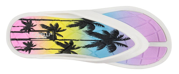 Capelli New York Ladies Injected EVA Fashion Flip Flops With Sunset And Palm Tree Print