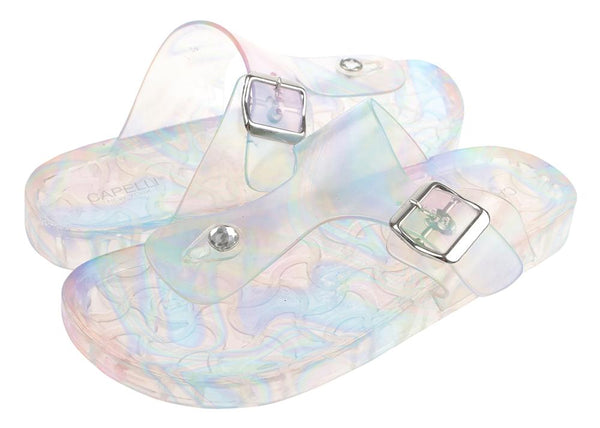 Capelli New York Ladies Iridescent Transparent PVC T-Strap Sandal With Buckle