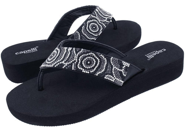 Capelli New York Ladies Jet Black Tonal Gem Trimmed Wedge Flip Flop