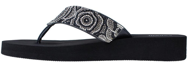 Capelli New York Ladies Jet Black Tonal Gem Trimmed Wedge Flip Flop