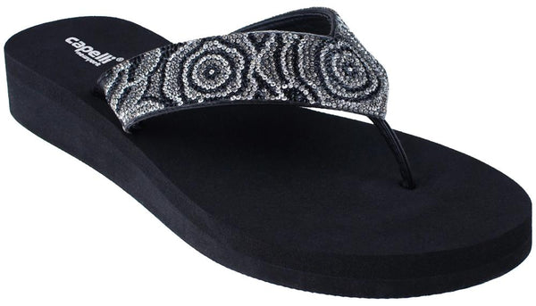 capelli new york Ladies Jet Black Tonal Gem Trimmed Wedge Flip Flop