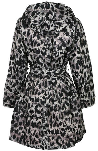 Capelli New York Ladies Leopard Printed Mid-Length Basic Rain Coat With Removable Hood