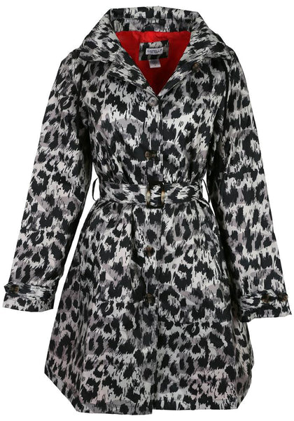 capelli new york Ladies Leopard Printed Mid-Length Basic Rain Coat with Removable Hood