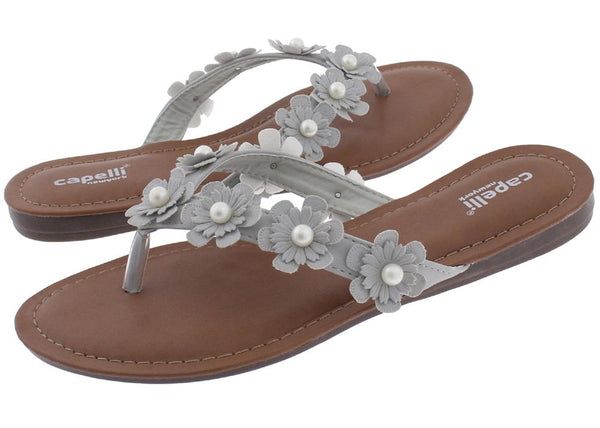 Capelli New York Ladies Light Grey Flowers With Pearl Trim Flip Flop