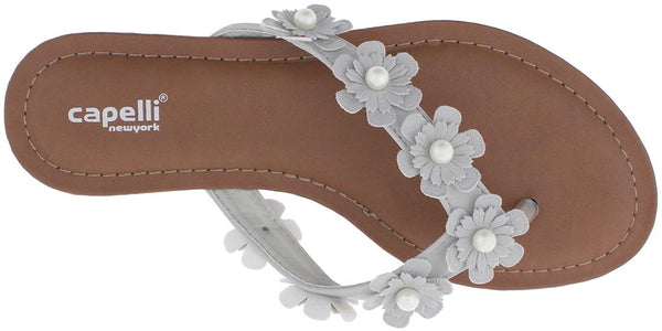 Capelli New York Ladies Light Grey Flowers With Pearl Trim Flip Flop