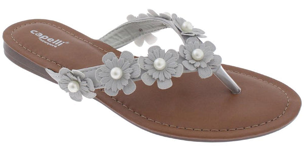 capelli new york Ladies Light Grey Flowers with Pearl Trim Flip Flop