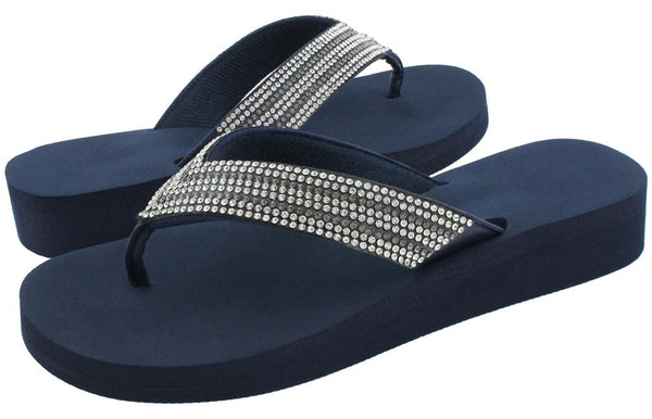 Capelli New York Ladies Navy Gem Trimmed Wedge Flip Flop