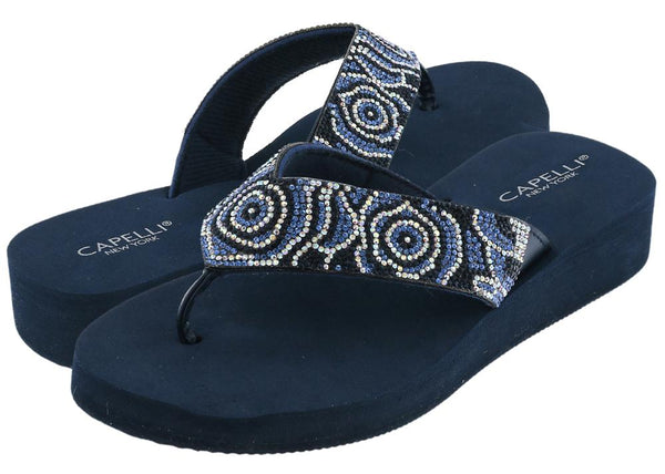 Capelli New York Ladies Navy Tonal Gem Trimmed Wedge Flip Flop