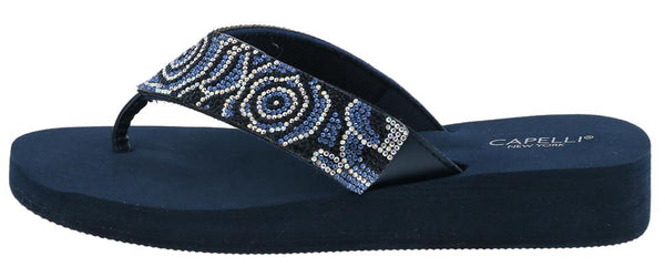 Capelli New York Ladies Navy Tonal Gem Trimmed Wedge Flip Flop
