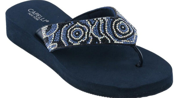 capelli new york Ladies Navy Tonal Gem Trimmed Wedge Flip Flop