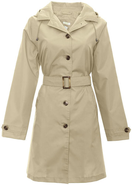 capelli new york Ladies Solid Khaki Mid-Length Basic Rain Coat with Removable Hood