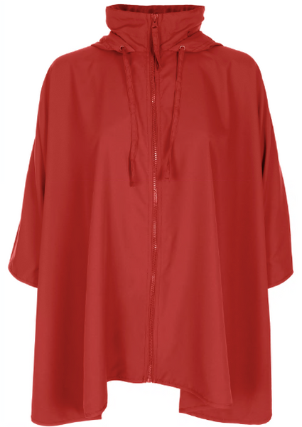 capelli new york Ladies Solid Red Sporty Rain Cape with Front Zipper and Collar with Tucked in Hood