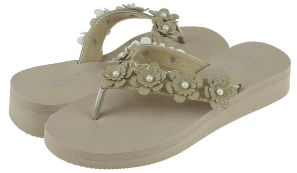 Capelli New York Ladies Taupe Faux Suede Floral Wedge Flip Flop