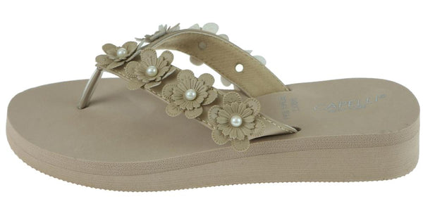 Capelli New York Ladies Taupe Faux Suede Floral Wedge Flip Flop