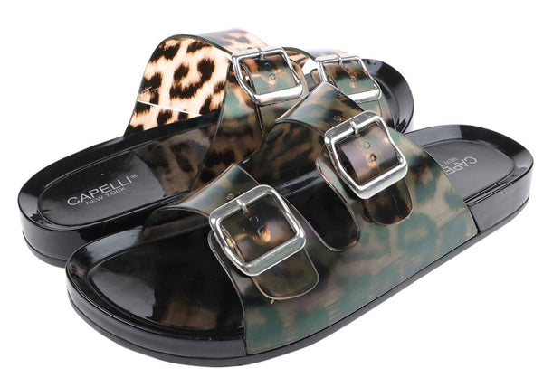 Capelli New York Ladies Transparent Leopard Print Double Strap Injected PVC Slide