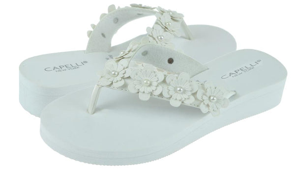 Capelli New York Ladies White Faux Suede Floral Wedge Flip Flop
