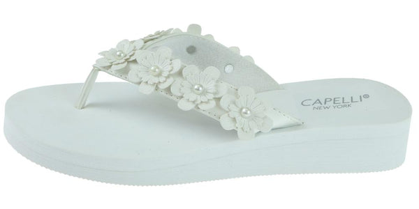 Capelli New York Ladies White Faux Suede Floral Wedge Flip Flop