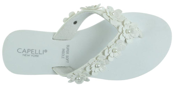 Capelli New York Ladies White Faux Suede Floral Wedge Flip Flop