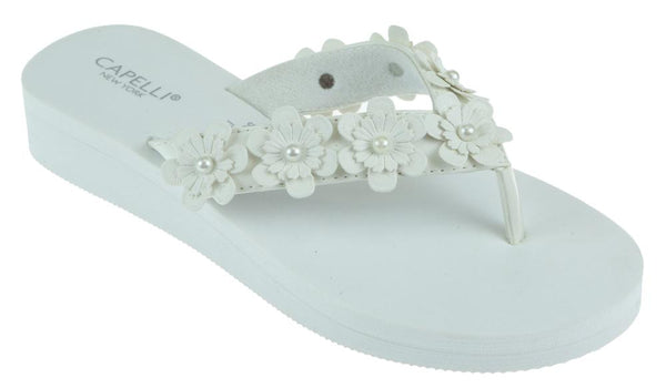 capelli new york Ladies White Faux Suede Floral Wedge Flip Flop