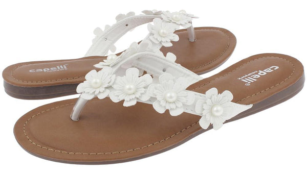 Capelli New York Ladies White Flowers With Pearl Trim Flip Flop