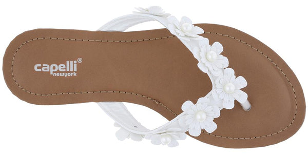 Capelli New York Ladies White Flowers With Pearl Trim Flip Flop