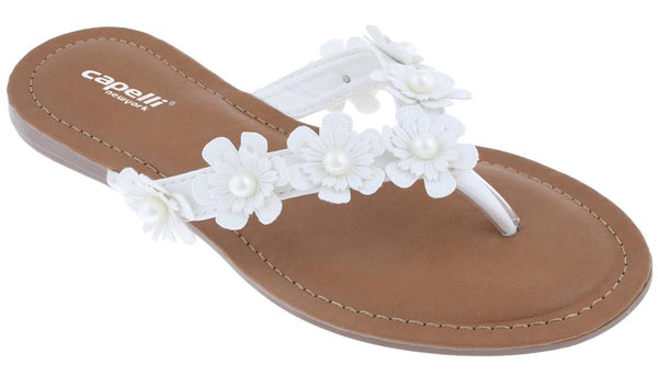 capelli new york Ladies White Flowers with Pearl Trim Flip Flop