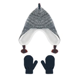 Capelli New York Toddler Boys Marled Acrylic Flat Knit Earflap Hat With 3D Knit Spikes And Mittens 2 Pc Set