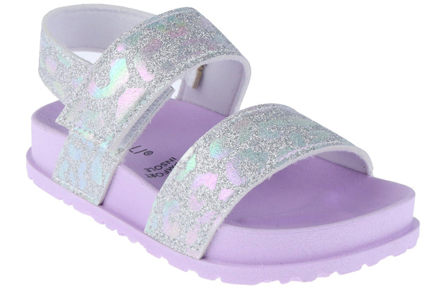 capelli new york Toddler Girls Holographic Leopard Double Strap Sandal with Elastic Backstrap