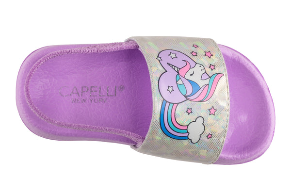Capelli New York Toddler Girls Iridescent Fancy Unicorn Slide With Elastic Backstrap