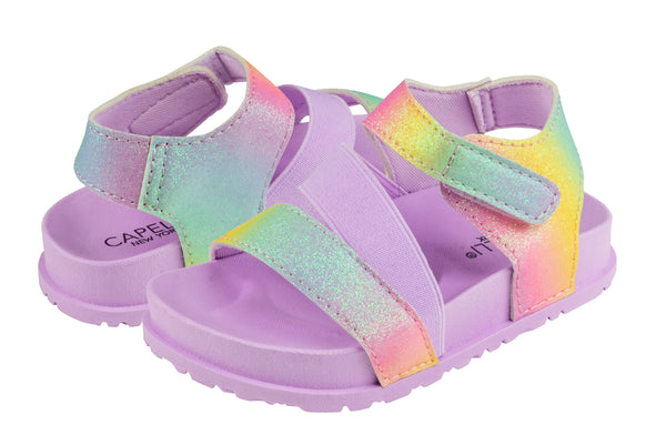 Capelli New York Toddler Girls Pastel Fine Glitter Multi Strap Sandal With Elastic And Velcro Trim
