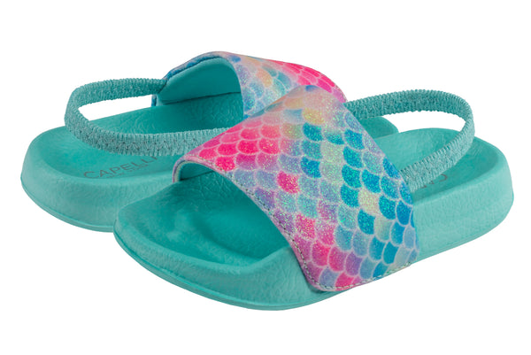 Capelli New York Toddler Girls Pastel Glitter Rainbow Mermaid Slide With Elastic Backstrap