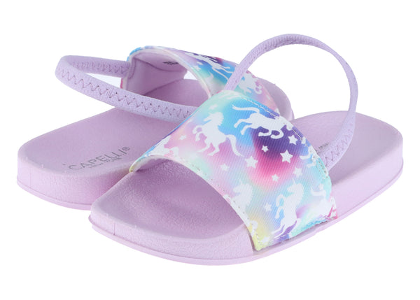 Capelli New York Toddler Girls Rainbow Unicorn Printed Slide With Elastic Backstrap