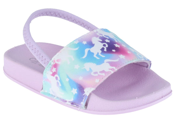 capelli new york Toddler Girls Rainbow Unicorn Printed Slide with Elastic Backstrap
