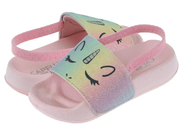 Capelli New York Toddler Girls Rainbow Unicorn Slip On Slide With Elastic Back Strap