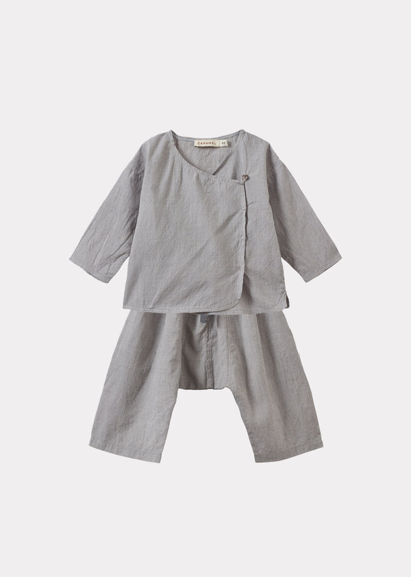 caramel ACORUS BABY HAND-LOOMED COTTON TOP AND TROUSERS SET - GREY MICRO-CHECK
