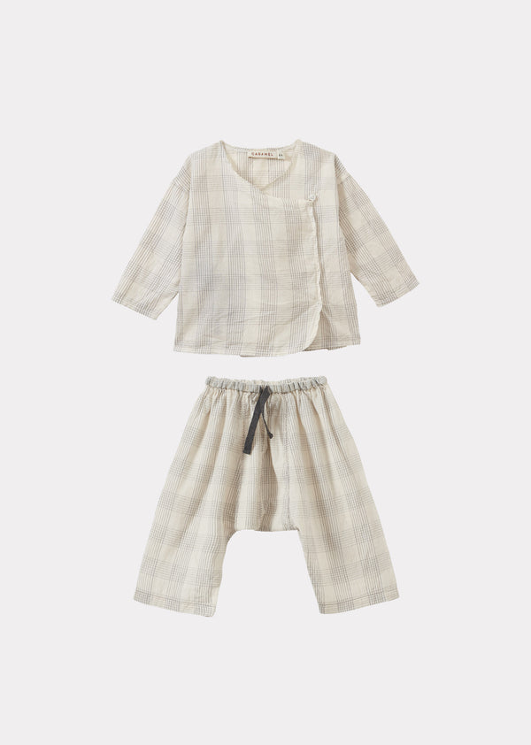 caramel ACORUS BABY HAND-LOOMED COTTON TOP AND TROUSERS SET - WHITE / BLACK CHECK