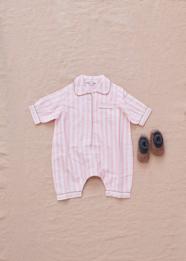 Caramel BABY HANDWOVEN COTTON PYJAMAS - CANDY PINK STRIPE