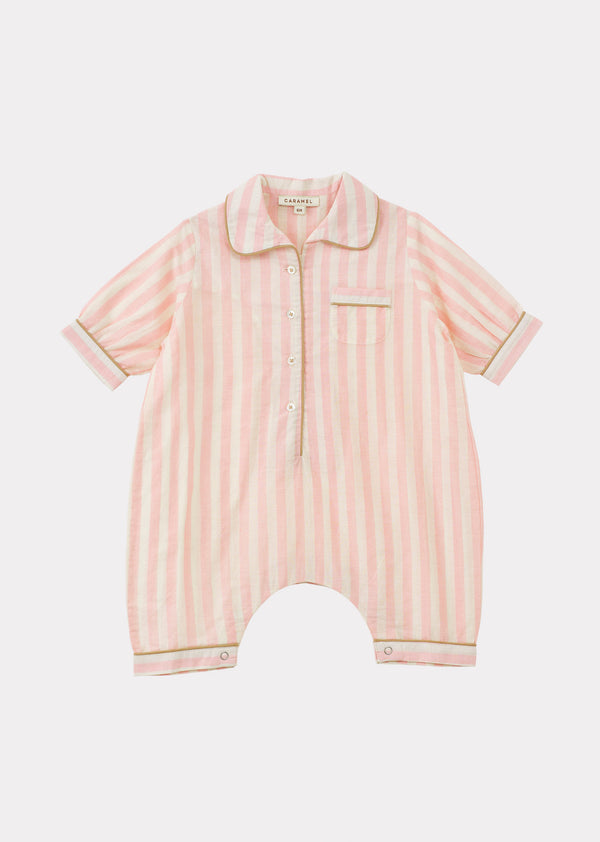 caramel BABY HANDWOVEN COTTON PYJAMAS - CANDY PINK STRIPE