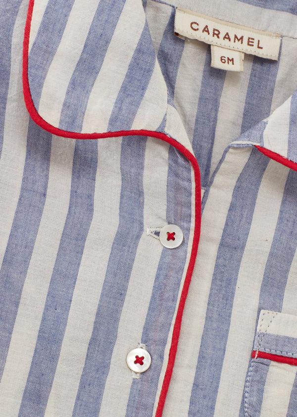 Caramel BABY HANDWOVEN COTTON PYJAMAS - INDIGO BLUE STRIPE