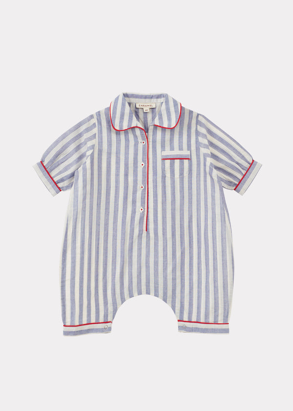 caramel BABY HANDWOVEN COTTON PYJAMAS - INDIGO BLUE STRIPE