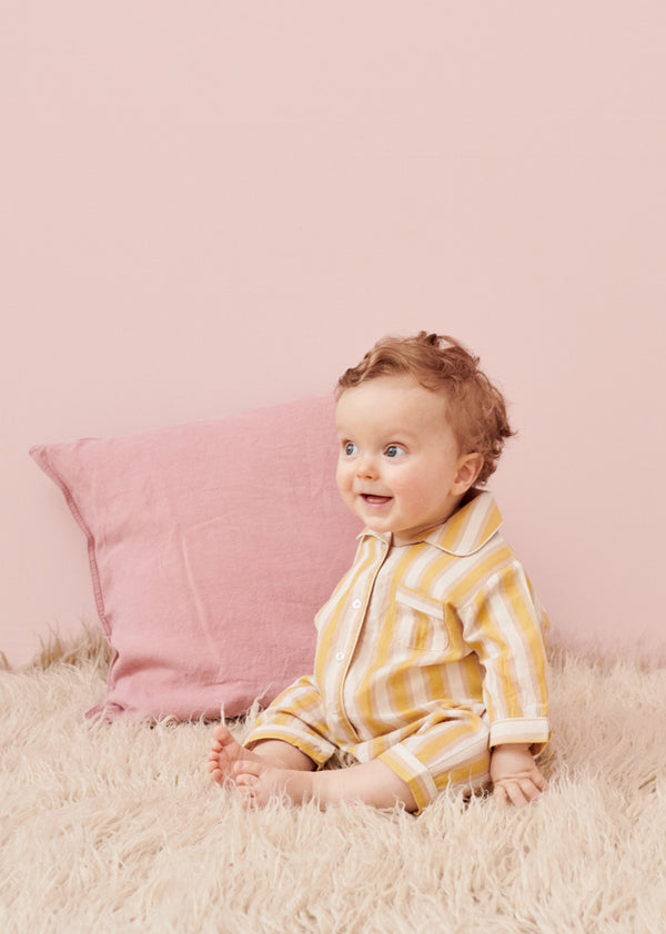 Caramel BABY HANDWOVEN COTTON PYJAMAS - YELLOW STRIPE